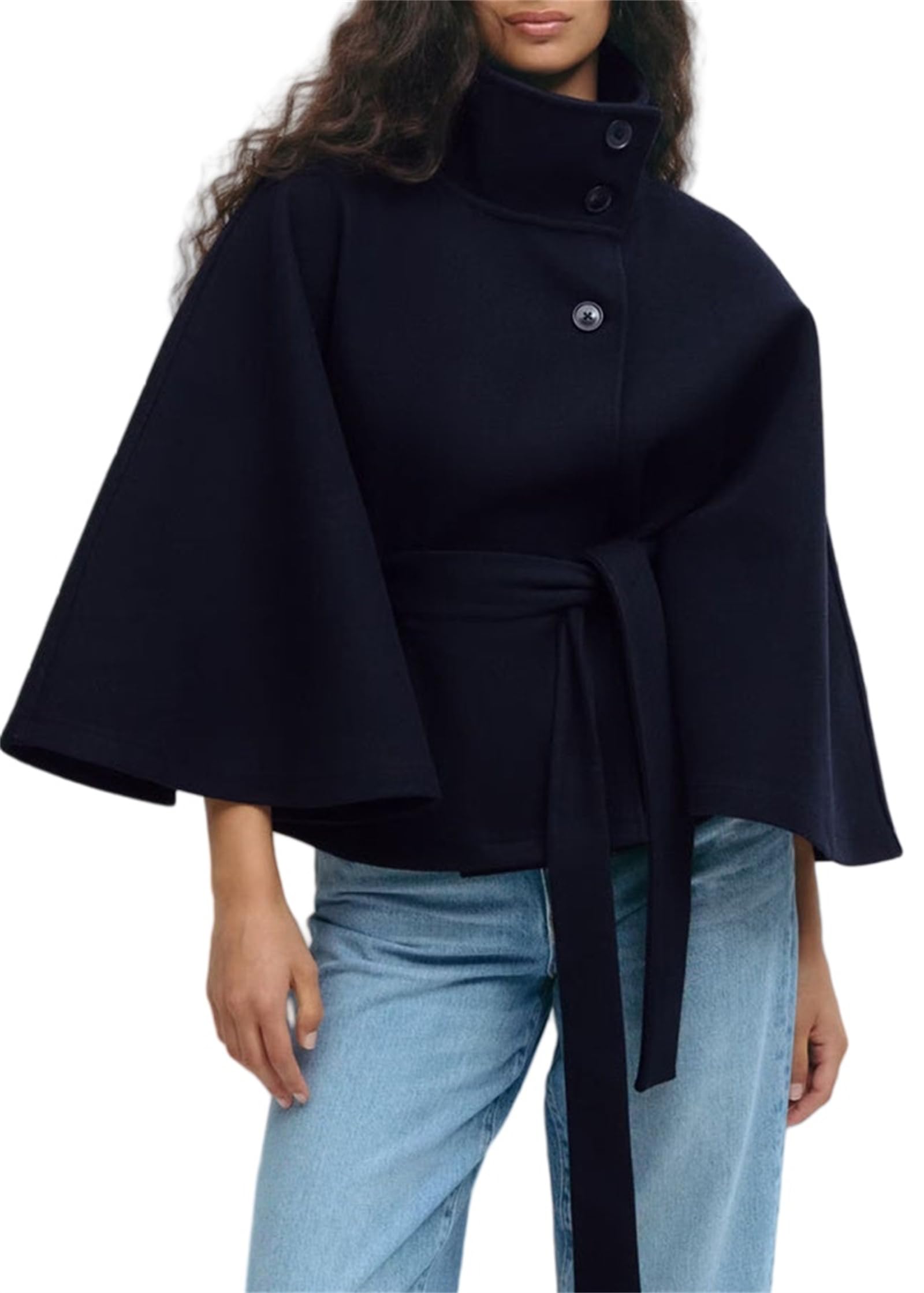 Generisch Damen-Poncho mit Fledermausärmeln, übergroßer, trendiger, lässiger Umhang mit Gürtel, Oberbekleidung mit Schalkragen für Herbst und Winter