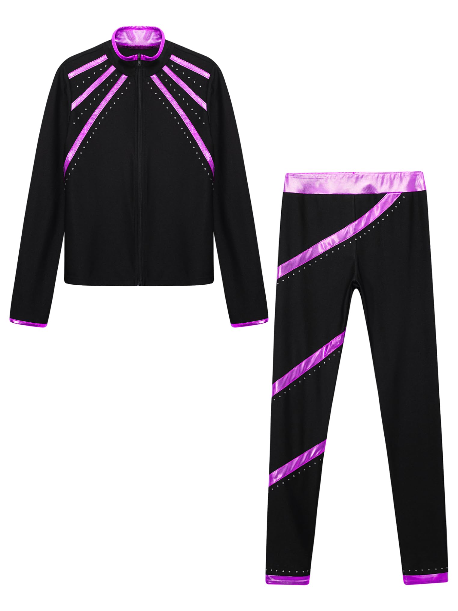Tuta da Pattinaggio su Ghiaccio Bambina Paillettes Giacca Sportiva a Maniche Lunghe con Cerniera Giacca in Softshell Pantaloni da Allenamento Collant Skating
