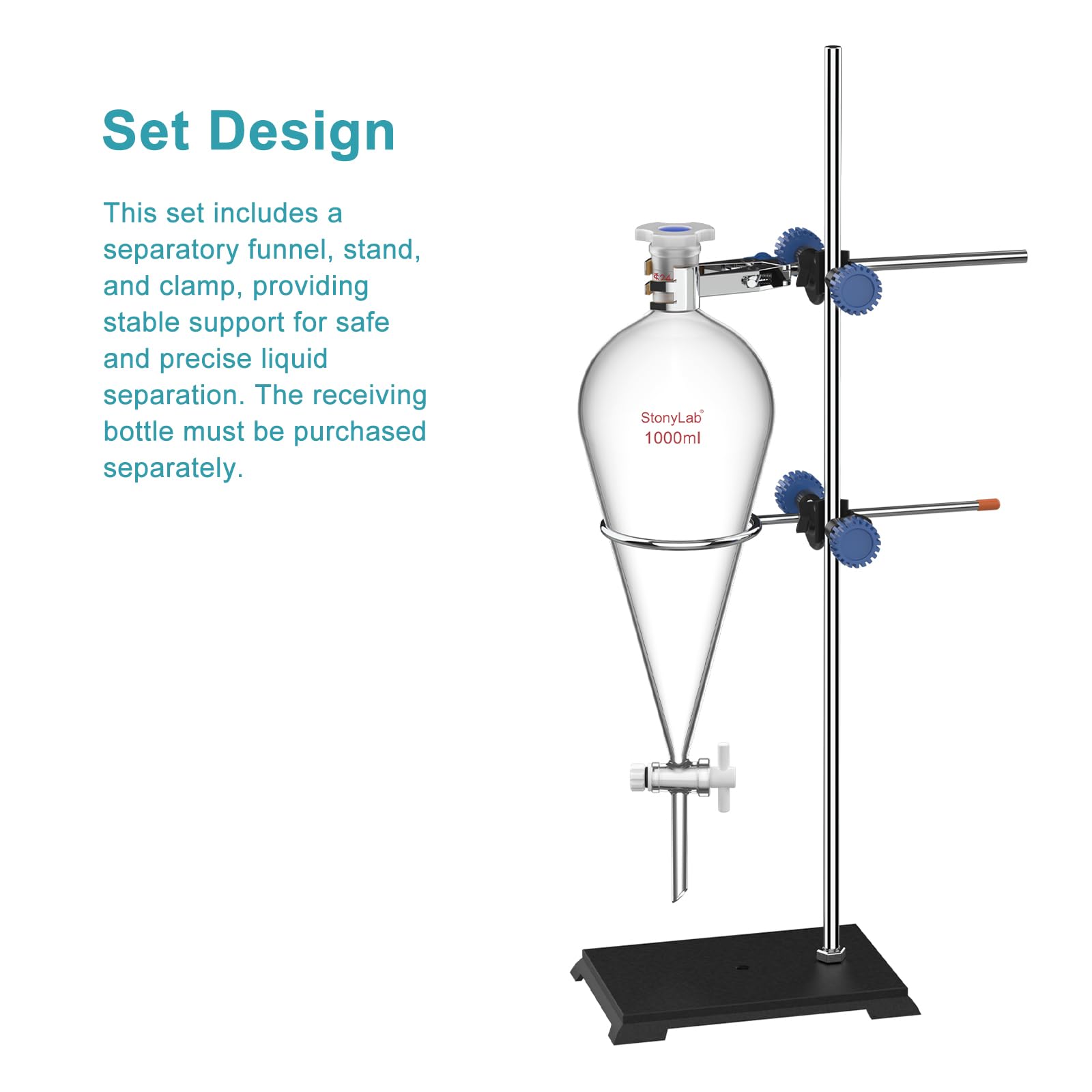 stonylab Borosilikatglas Scheidetrichter mit Laborständer Set, 1000 ml Kapazität, 24/40 Schliff und PTFE-Hahn für Titration Extraktion