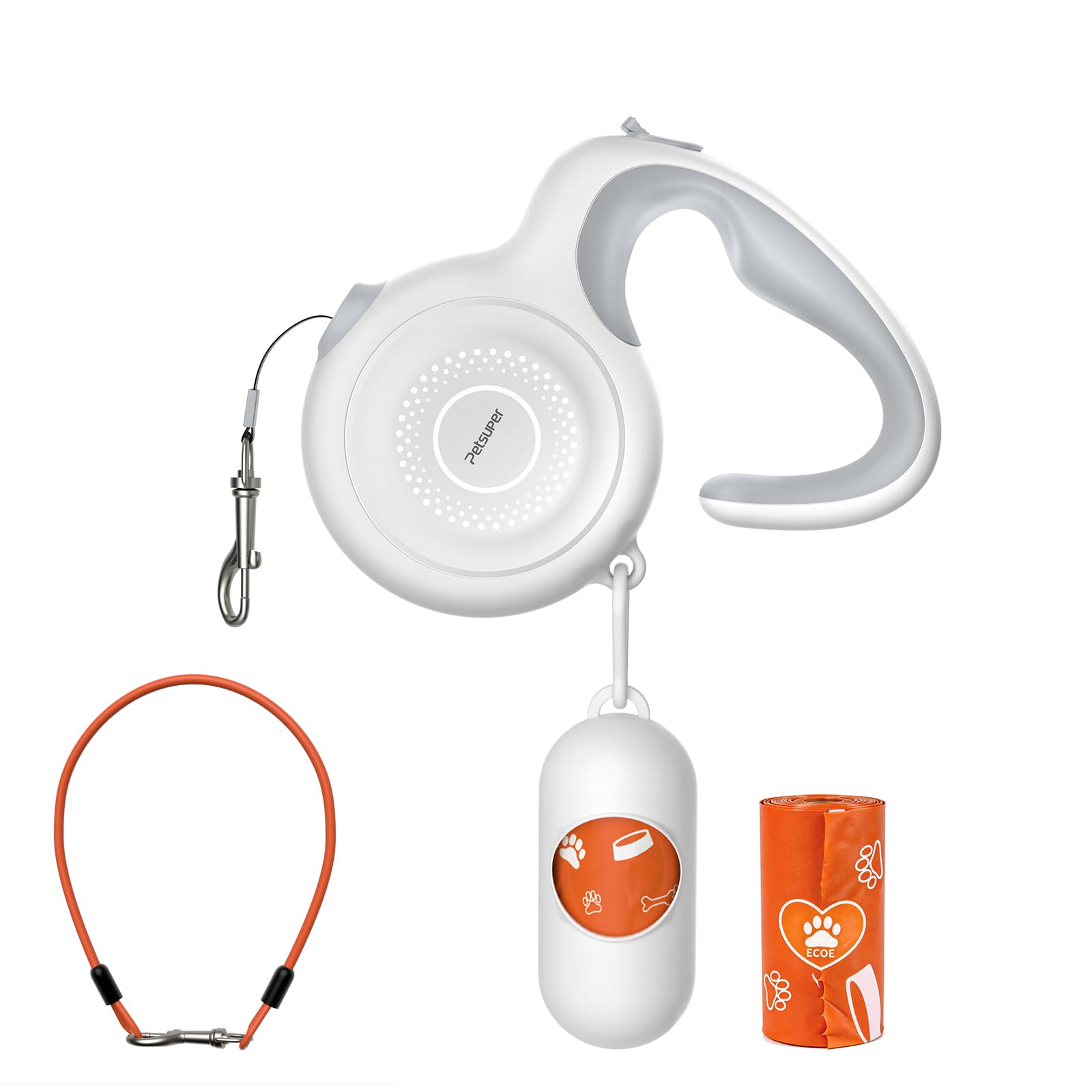 Ausziehbare Hundeleine mit kaufestem Kabel und Kotbeutelspender (Weiß, PL03-Kits)