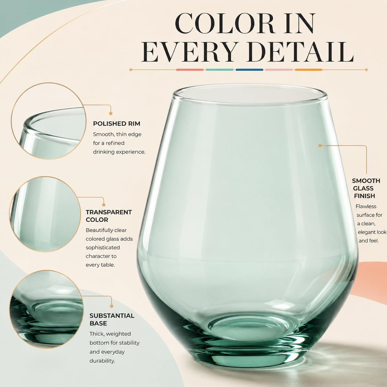 Colorful Wine Glasses Set - 6 Stemless Goblets -5 Colorful Wine Glasses Set - 6 Stemless Goblets -5