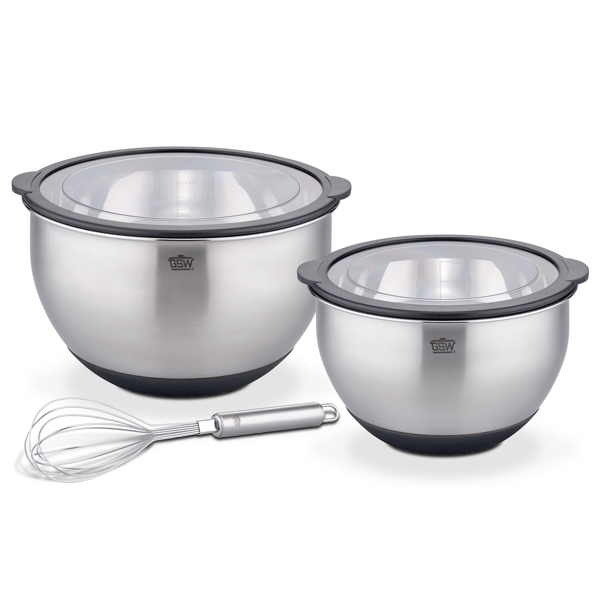 GSW Servierschüsselset Primo, Hochwertige Edelstahl Rühr- & Salatschüsseln mit Schneebesen, luftdichtem Deckel, Küchenschüssel & Servierschale, 20cm/24cm, Silber