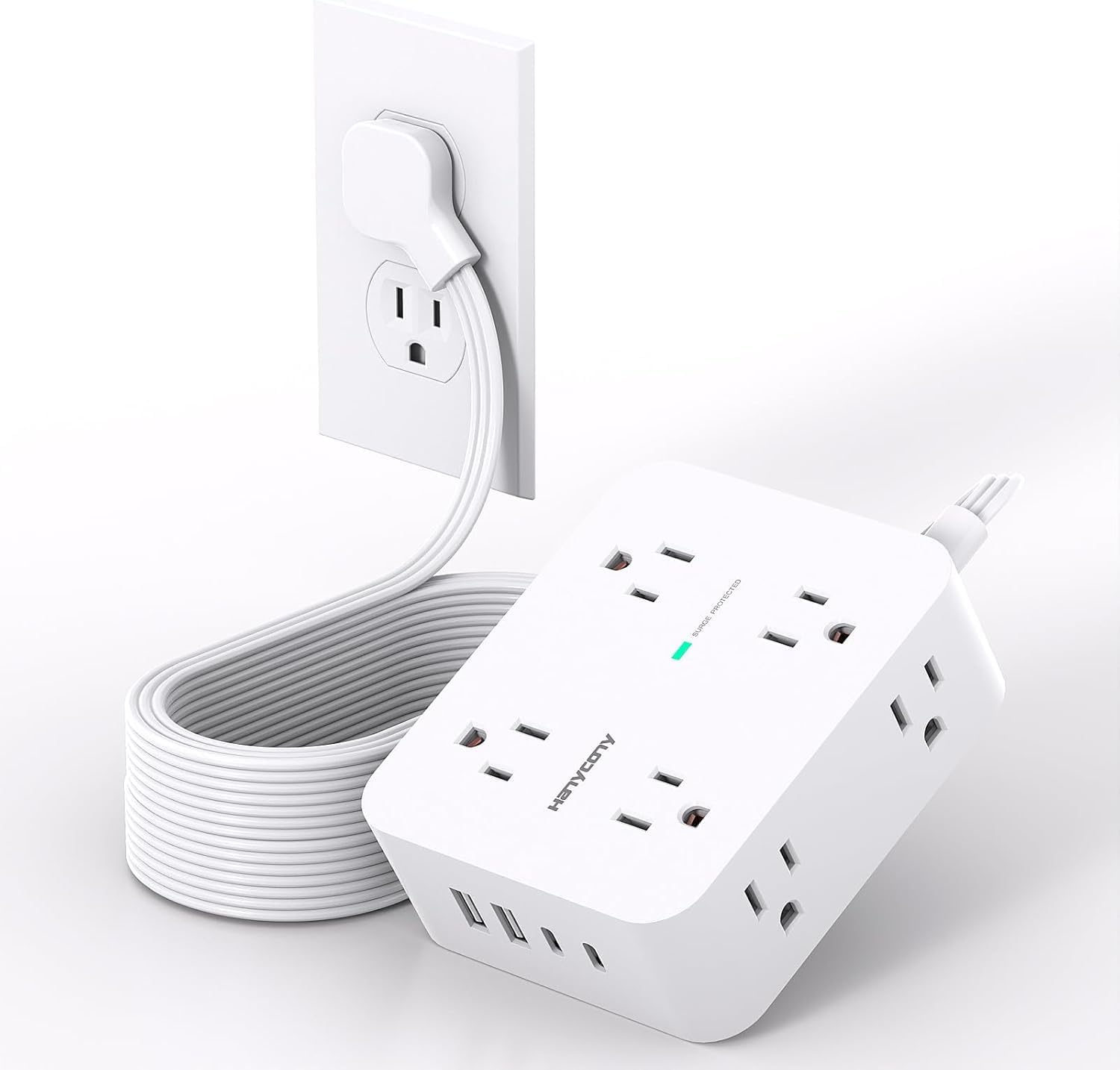 Extension Cord 15 Ft, Power Strip with 4 USB Ports(2 USB C), 8 Surge Protector Outlets with Flat Plug