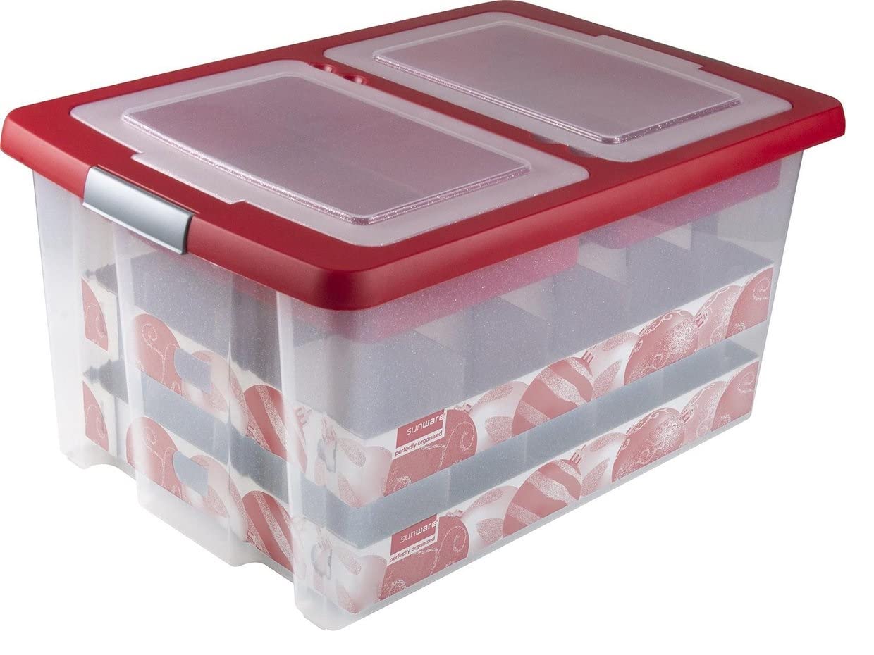 SUNWARE Nesta Weihnachtsbox 51 Ltr mit Tabletts für 40 Weihnachtskugeln (Ø70-80mm) - transparent/rot
