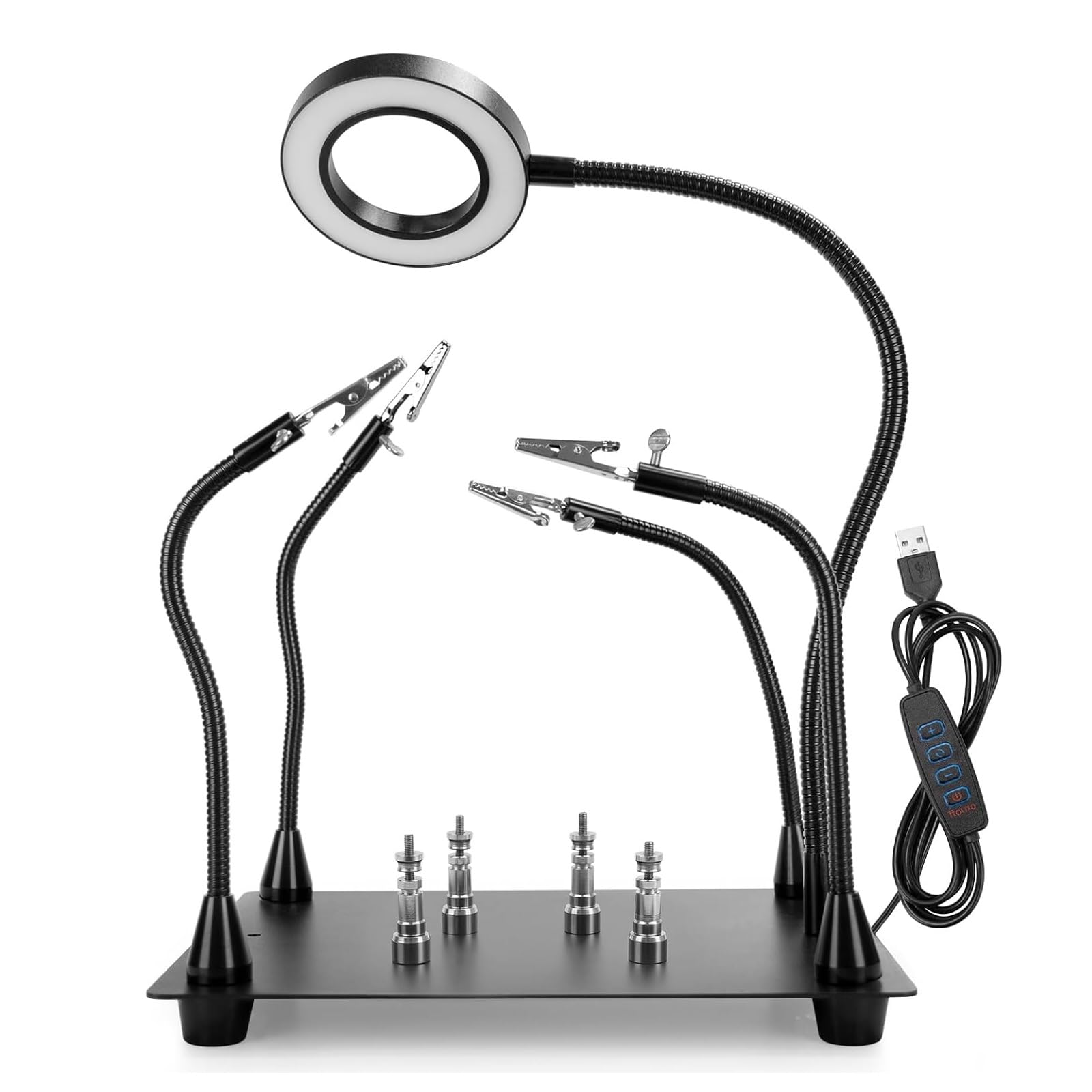 OBDMONSTER 4-Arm Magnetic Helping Hands with 5X Magnifying Glass and Light, Non-Slip Steel Weighted Base, Perfect for Soldering, Electronic Repair, Crafting & Modeling