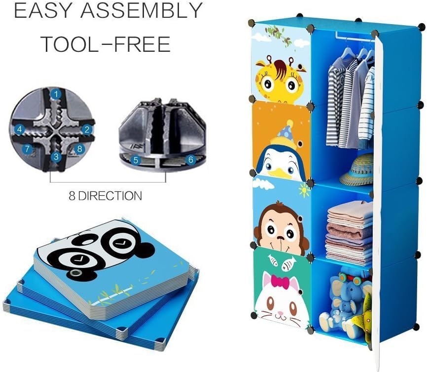 Image of Sunderlook Plastic Wardrobe for Kids Clothes - Professional Collapsible Wardrobe, Easy to Use Foldable Almirah, Plastic Cupboard for Kids for Home (Blue-HZ, 8 Door)