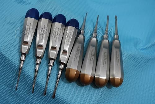 Miniatura 2 de Nuevo Alemán inoxidable Dental Luxating Elevador Extracción de dientes Herramientas 8 piezas Curvo 1.5MM a 4MM Instrumentos Dentales Oro Más Azul
