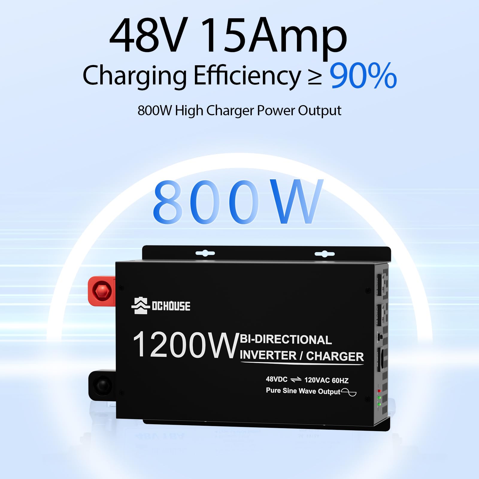 DC HOUSE 48V 15A 800W Lithium Battery Charger, 1200W Pure Sine Wave Inverter with 2 AC Outlets,3 LED Indicator, Cooling Fan,Suitable for 48V Golf Cart/Forklift/Ship Lithium Battery