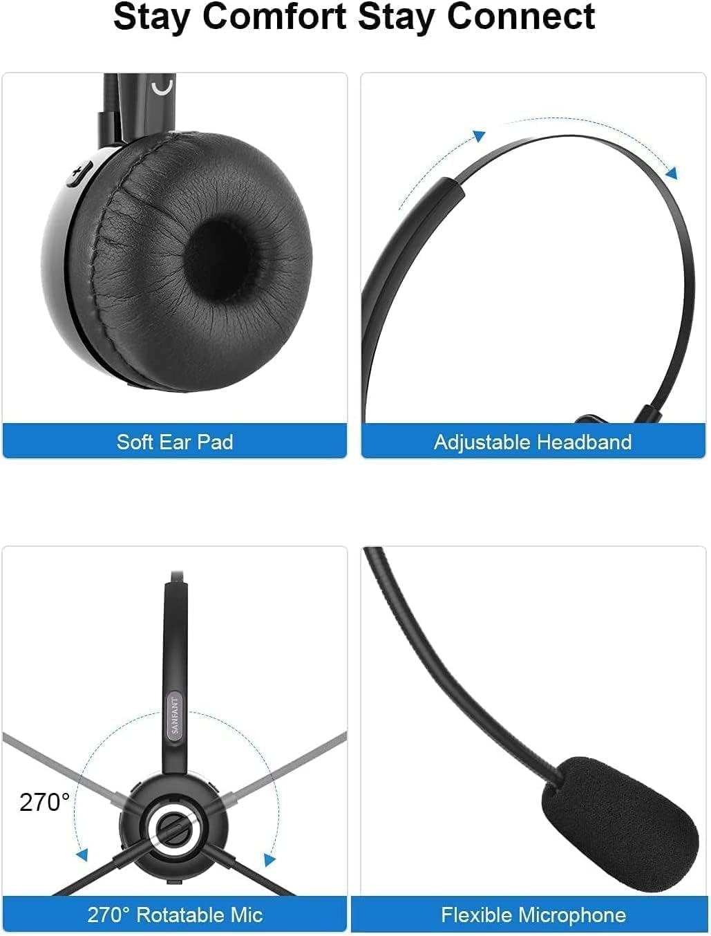 Trucker Bluetooth-Headset V5.0 Mit Mikrofon Und Geräuschunterdrückung - 18 Stunden Gesprächszeit, Kabelloses Headset Mit Ladeständer Für Handy/Laptop/Tablet