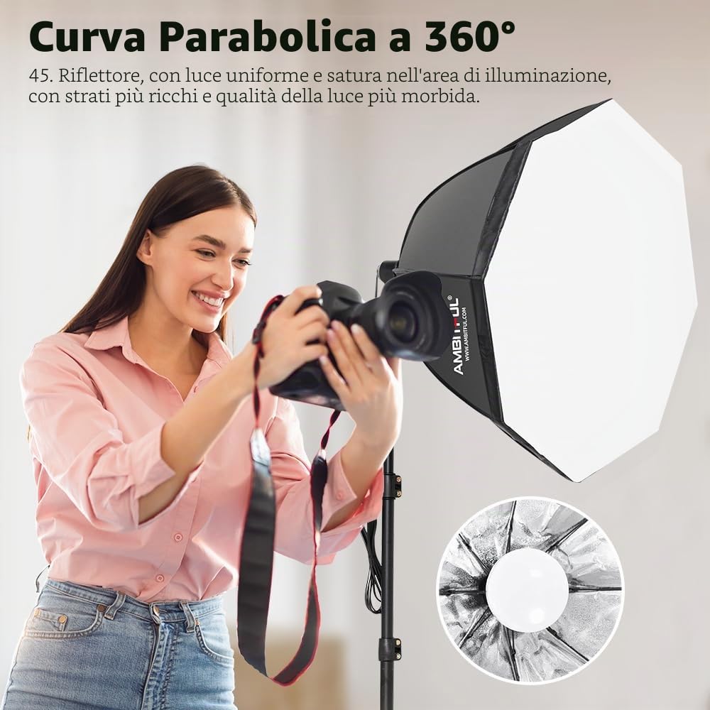Kit di illuminazione per fotografia Softbox, 2 x AMBITFUL softbox da 65 cm con supporto per treppiede da 2 m e 2 lampadine LED bicolore da 50 W 3000-6500 K, illuminazione continua a LED