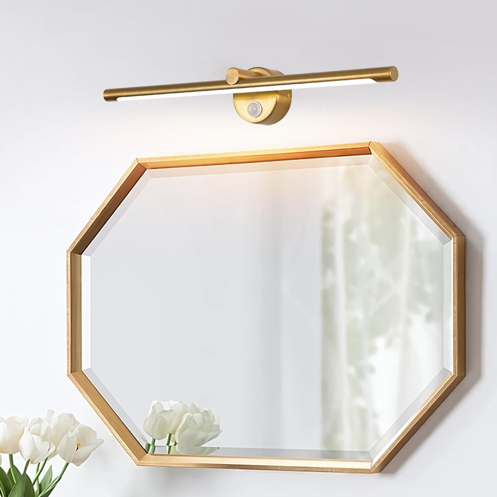 LED Badezimmer Spiegelleuchte Wandlampe Indoor Dimmbar Wandleuchte mit Bewegungsmelder Wandbeleuchtung Wasserdichte Wandleuchten Moderne Lange für Schminktisch Schrank (Gold,43cm)