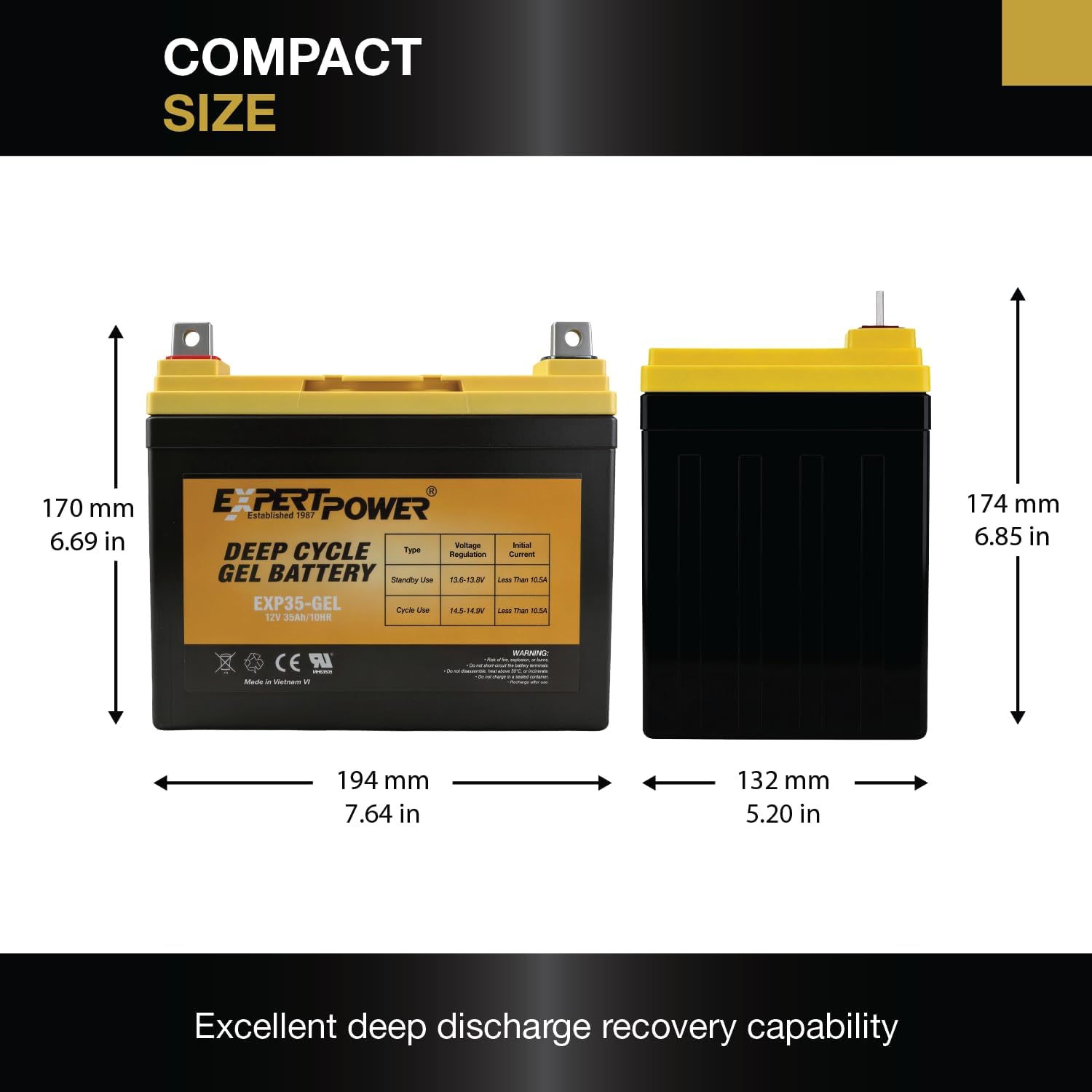 ExpertPower EXP35-Gel - 12V 35AH Deep Cycle Marine Battery, Mobility Scooter Replacement for BATLIQ1001, AGM U1, Electric Wheelchair Batteries, Solar Panel, RV, Trolling Motor Battery NB Terminal