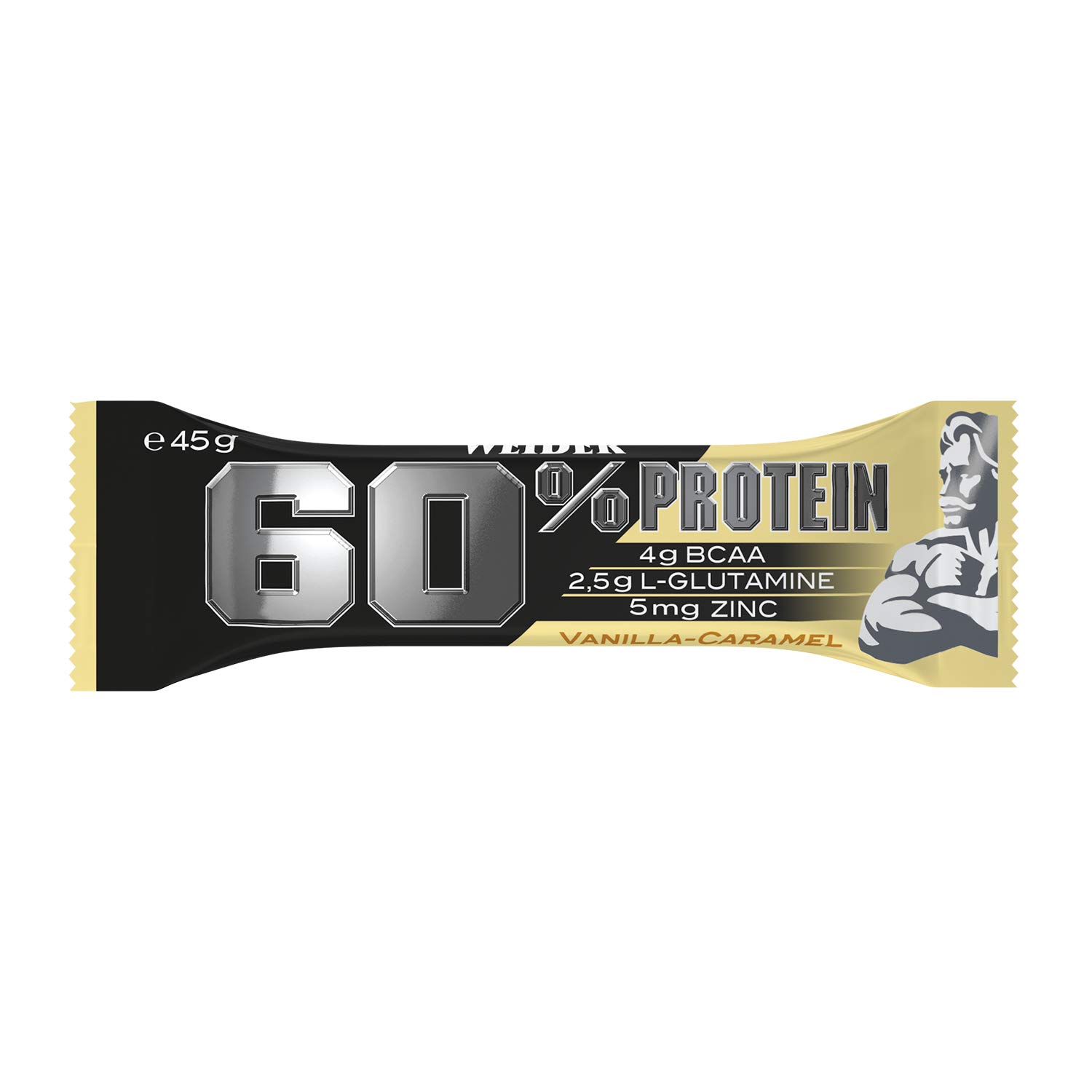 Weider Nutrition 60% Protein Bar Vainilla Caramelo 24 x 45 gr. La barrita con más proteína del mercado. Con 4 g de BCAAs por barrita, Negro