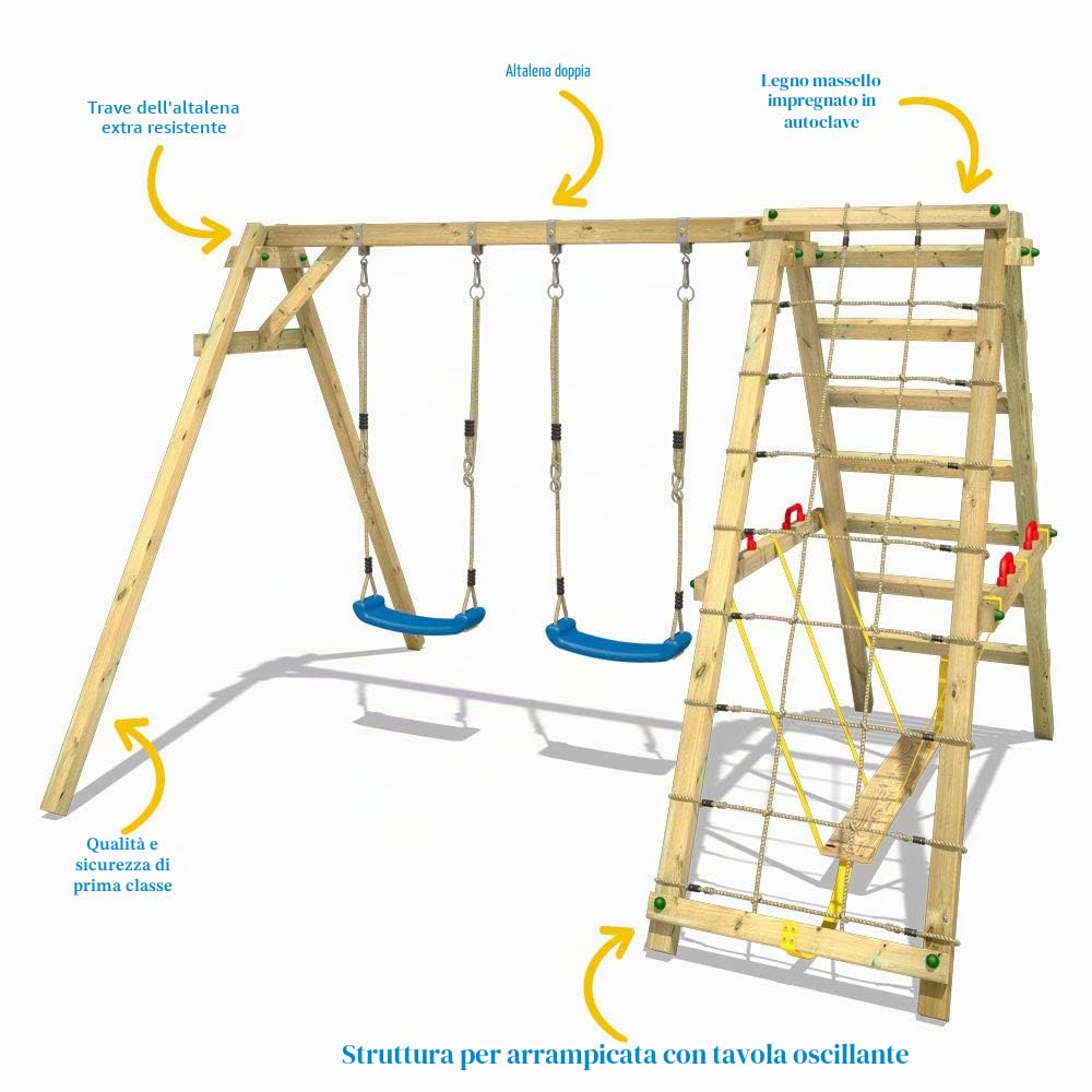 Altalena WICKEY Smart Hike gioco per bambini di colore verde con SurfSwing, altalena doppia in legno da esterno o da giardino con modulo ampliato per arrampicate