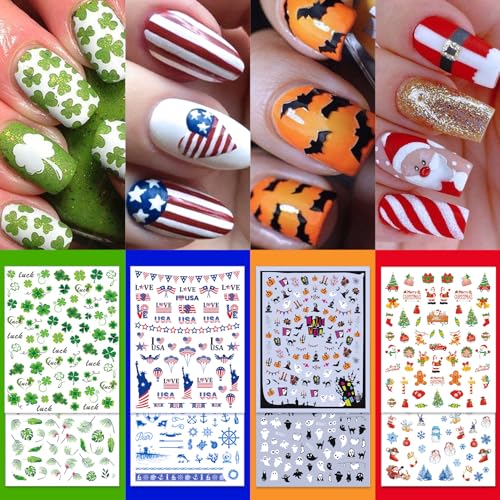 IDDFEVE 24 Sheets Seasonal Nail Art Stickers, Four Season Variety Pack All Holiday Nail Decals, Self-Adhesive Varied Design for Flowers Butterflies Halloween Christmas Spring Summer Fall Decoration