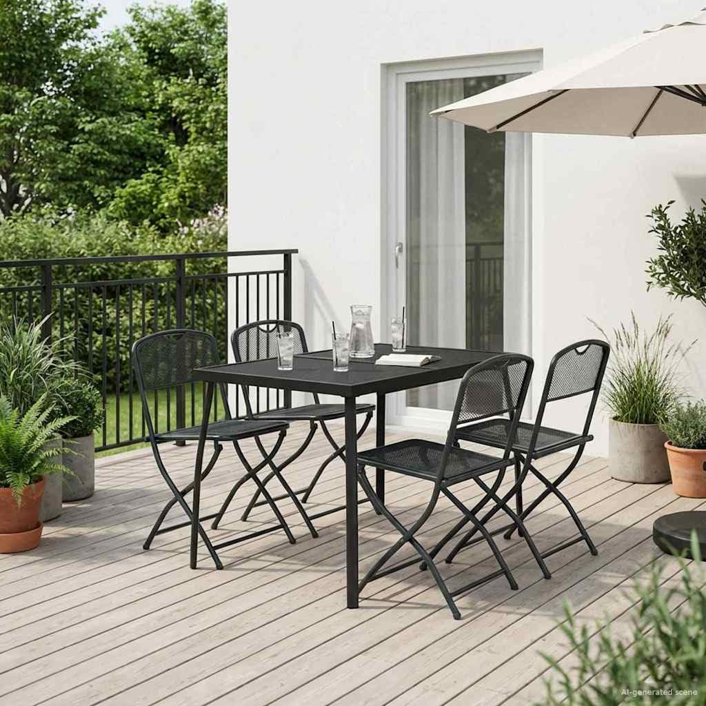 Set di mobili da giardino, 5 pezzi, colore antracite, set da pranzo per giardino e terrazza, in ferro e acciaio, con tavolo in rete da 110 x 80 cm e 4 sedie pieghevoli