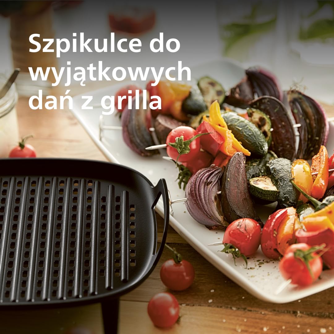Philips Airfryer Akcesoria do Grilla - Dla Modeli 3,2 l i 4,2 l, Płyta nieprzywierająca, 4 Szpikulce, Łatwe Czyszczenie, Przepisy w Aplikacji, Większa Pojemność (HD9926/00)
