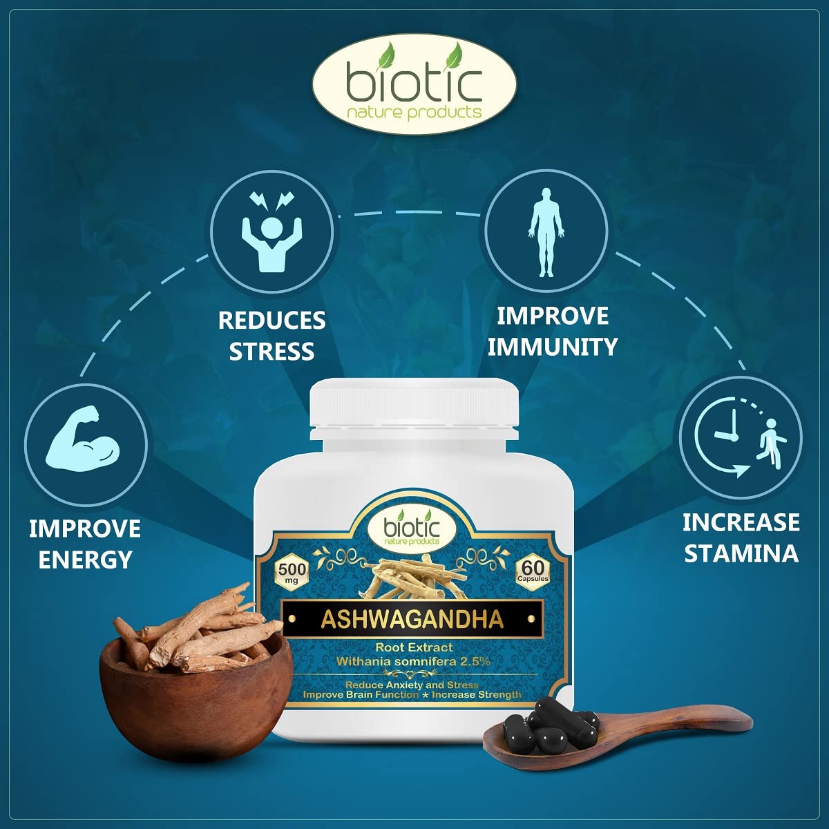 Biotic Natural Ashwagandha Capsules and Arjuna Capsules for Heart Care Extract 500mg - 120 Veg Capsules — Amazon image 4