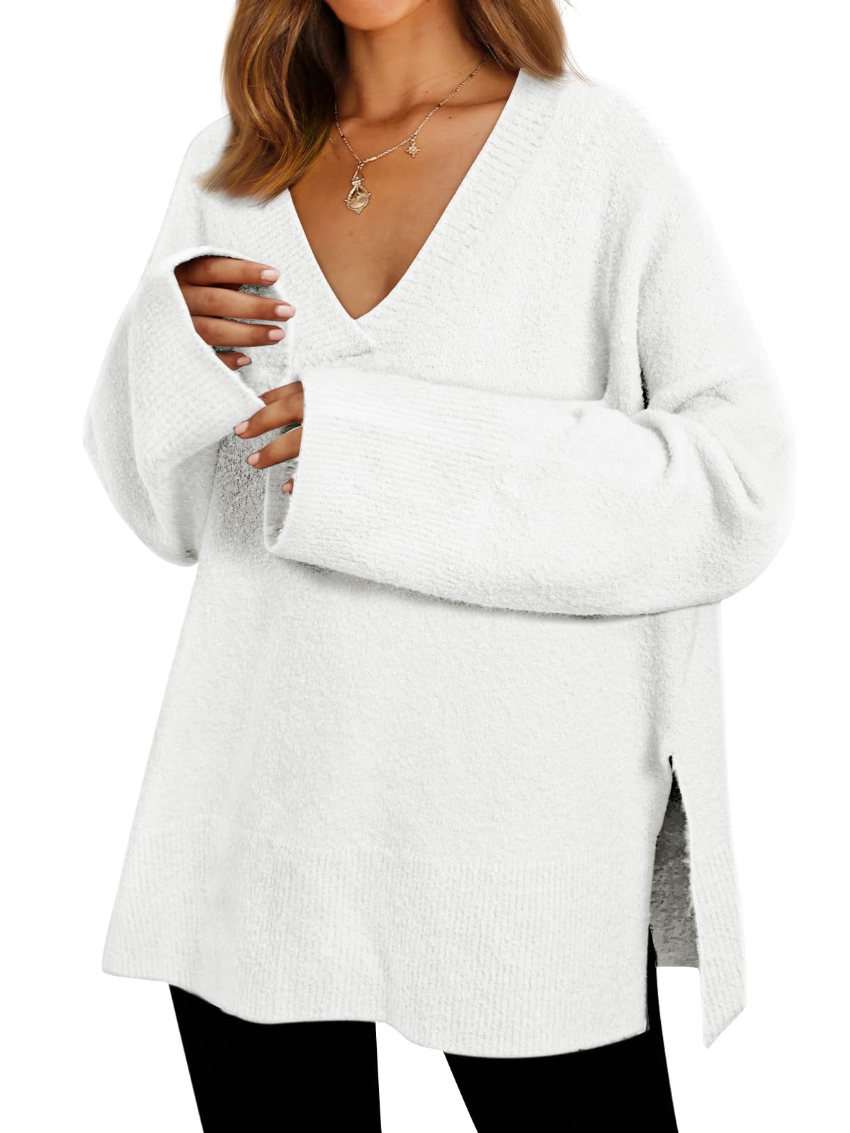 V Neck 3/4 Sleeve Side Slit Hi-lo Sweater