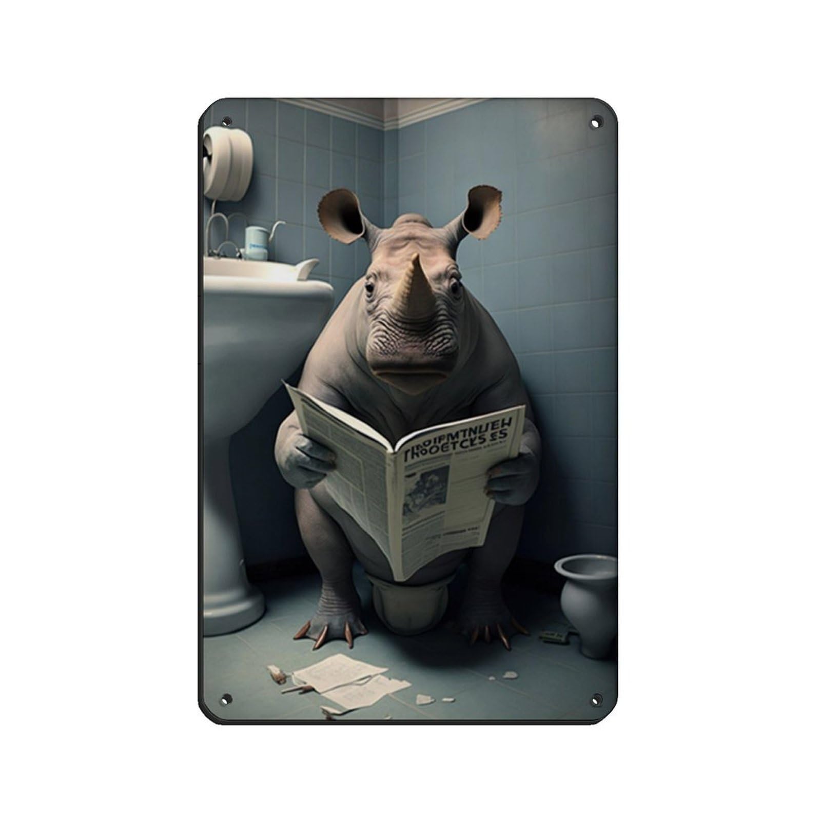 Rhino Sitting on The Toilet Reading A Newspaper (2) Tin Sign Vintage Metal Pub Club Cafe Bar Home Wall Art Decoration Poster Retro 8x12inch(20x30cm)
