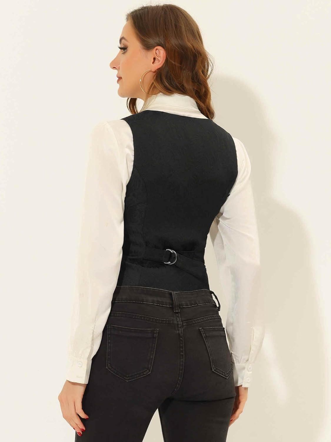 Allegra K Vintage Vest for Women's Button Up Jacquard Steampunk Suit Waistcoat with Pockets - Image 3