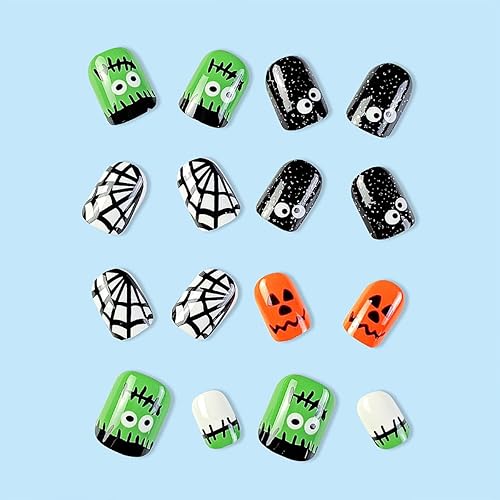 Miniatura 2 de Uñas postizas cortas a presión para Halloween, uñas postizas cuadradas coloridas con ojos de calabaza de dibujos animados, telaraña, cubierta
