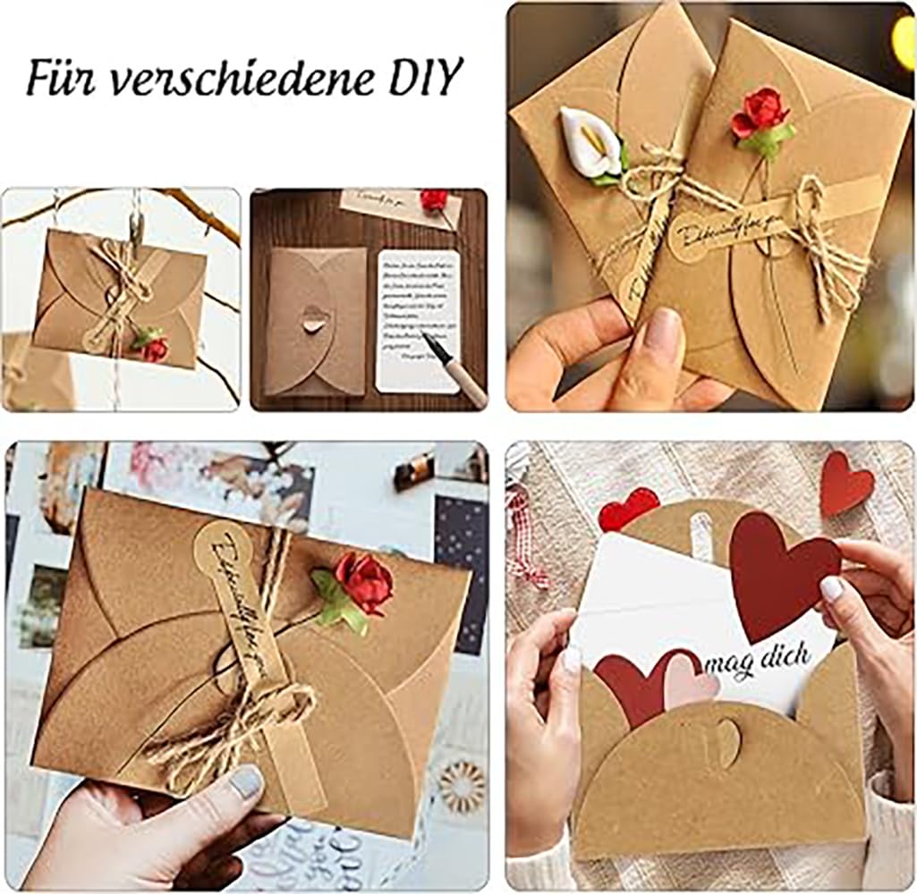 Buste con chiusura a cuore, 150 pezzi, vintage, piccole buste in carta kraft, piccole buste vuote per feste di compleanno, invito, biglietti di ringraziamento (misti)