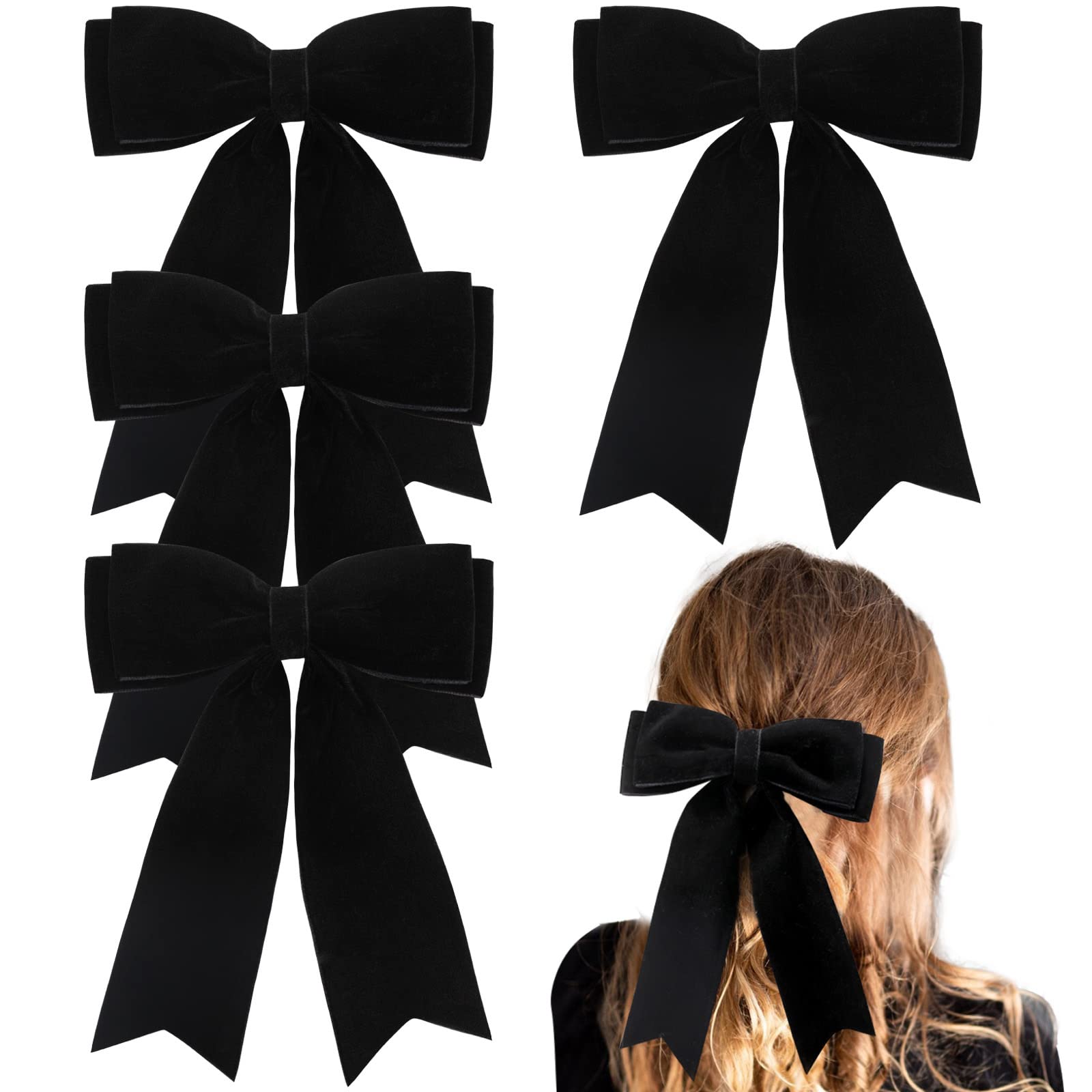 NCMAMA 4PCS Velvet Hair Bows for Girls, Black Hair Bow Clips Ponytail long Ribbon Bows Hair Accessories for Women Girls Toddlers Infant (Black)