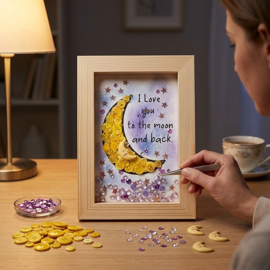 Buttons Galore and More Love You to the Moon Embellishment Bundle – Yellow Buttons, Moon Accents, Crystals, Gems & Sequins – DIY 8x10 Canvas Craft Kit