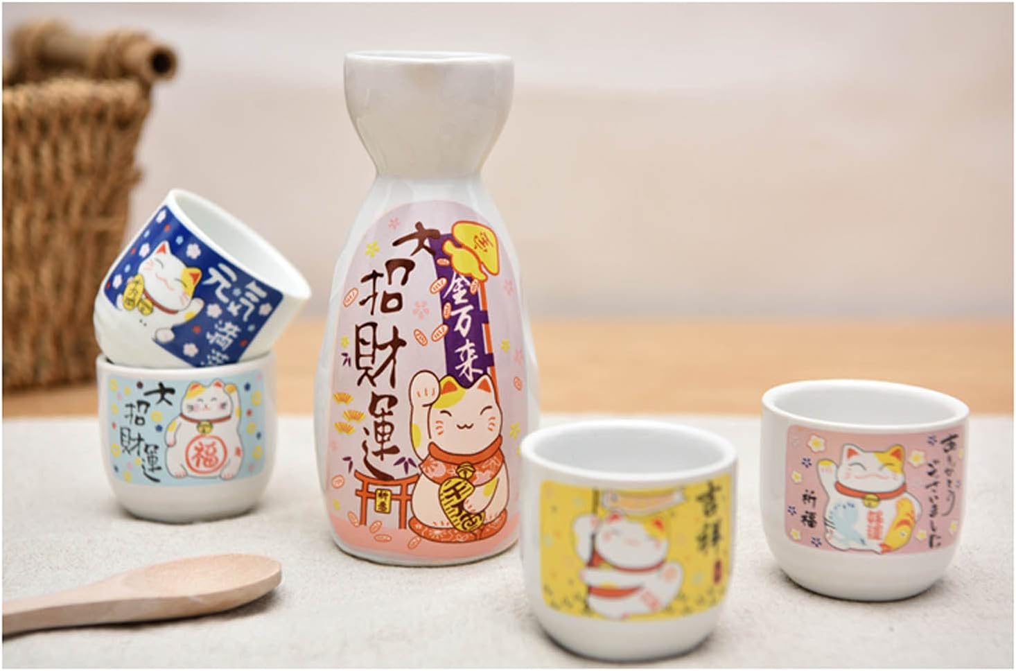 Mose CafoloJapanese Maneki Neko Ceramic Sake Set ~ 5 Piece Sake Set (Included 1 TOKKURI Bottle 200ml and 4 OCHOKO Cups) with Cute Japanese Lucky Fortune Cat Pattern