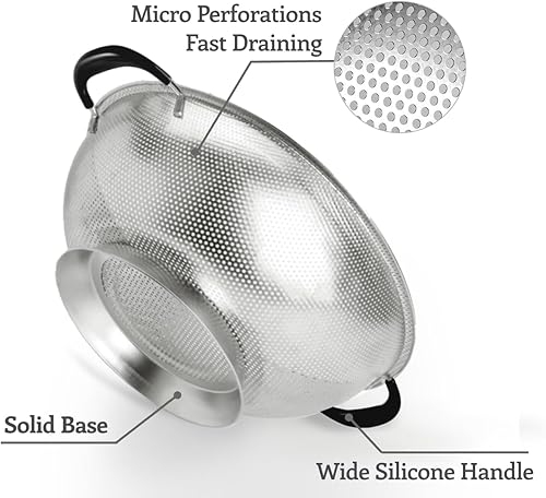 Miniatura 3 de Colador de 5 cuartos de galón, colador de acero inoxidable 188, mango de silicona, colador microperforado de fácil agarre, resistente y