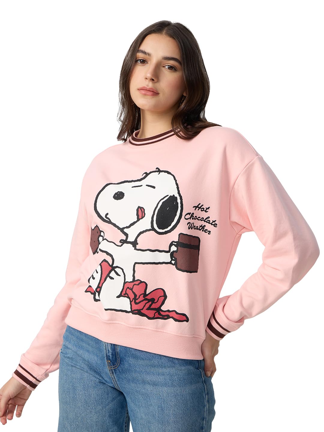 the souled store Peanuts: Hot Chocolate Weather Women and Girls Full Sleeves Round Neck Baby Pink Graphic Printed Cotton Blend Soft Fleece Oversized Sweatshirt-picture-18