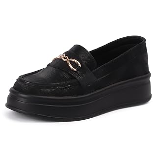 LENSBURY Women’s Platform Loafers || Stylish Slip-On Casual Shoes with Metal Buckle | Comfortable Everyday Mocassins Ballet I for Casual Office Formal Black