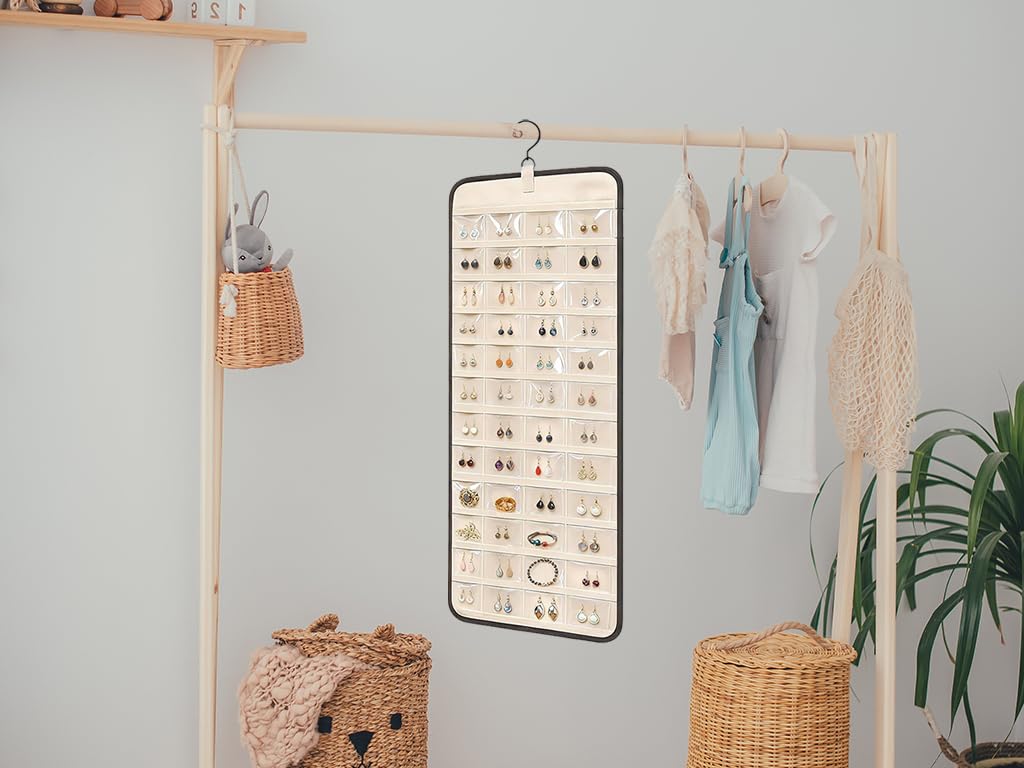 Organizer per Gioielli da Appendere, Hanging Jewelry Organizer per Armadio, Porta Gioielli da Appendere, Porta Collane da Armadio con 48 Tasche e 3 Ganci a Forma di Onda, per Orecchini,Collana