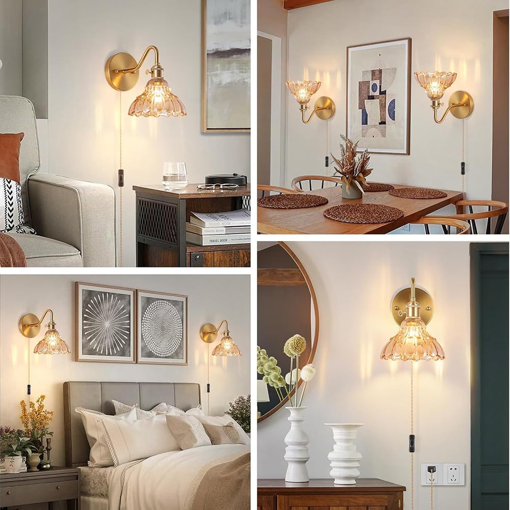 Vintage Wandleuchte mit Schalter und Stecker, Gold Glas Lampenschirm Wandlampe Retro Messing Nachttischlampe mit Kabel und Schalter Blume Wandlicht Innen Industrial Kristallleuchte E27