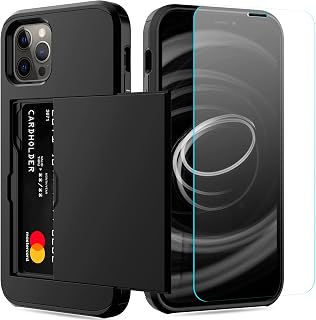 Nvollnoe for iPhone 12/12 Pro Case with Card Holder and Screen Protector Heavy Duty Protective Dual Layer Shockproof Built-in Card Slot Wallet Case for iPhone 12/12 Pro for Men&Women(Black)