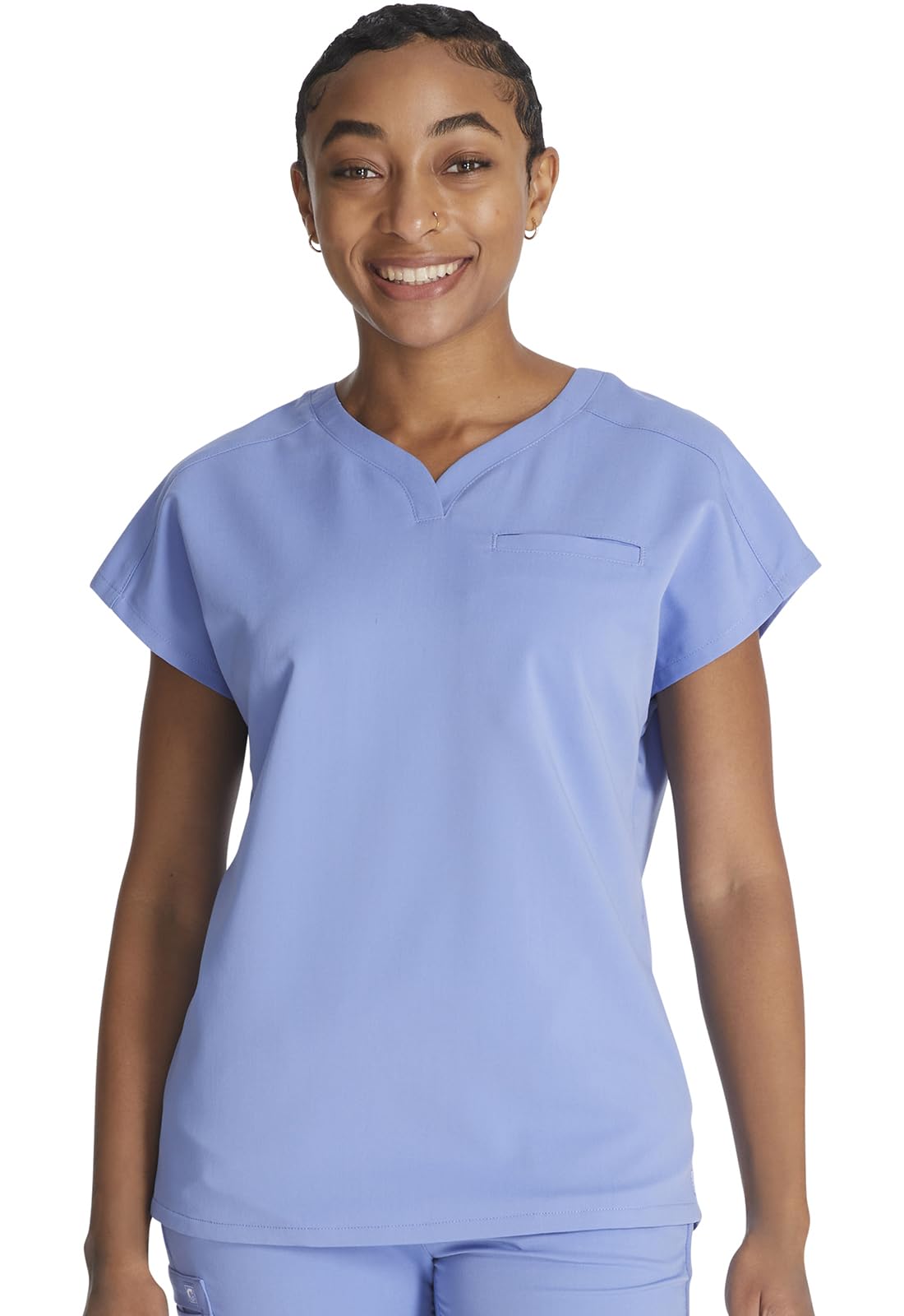 Cherokee V-Neck Women's Scrub Top with Dolman Sleeves & High-Low Shirttail Hem for Comfort CK836A, S, Ciel