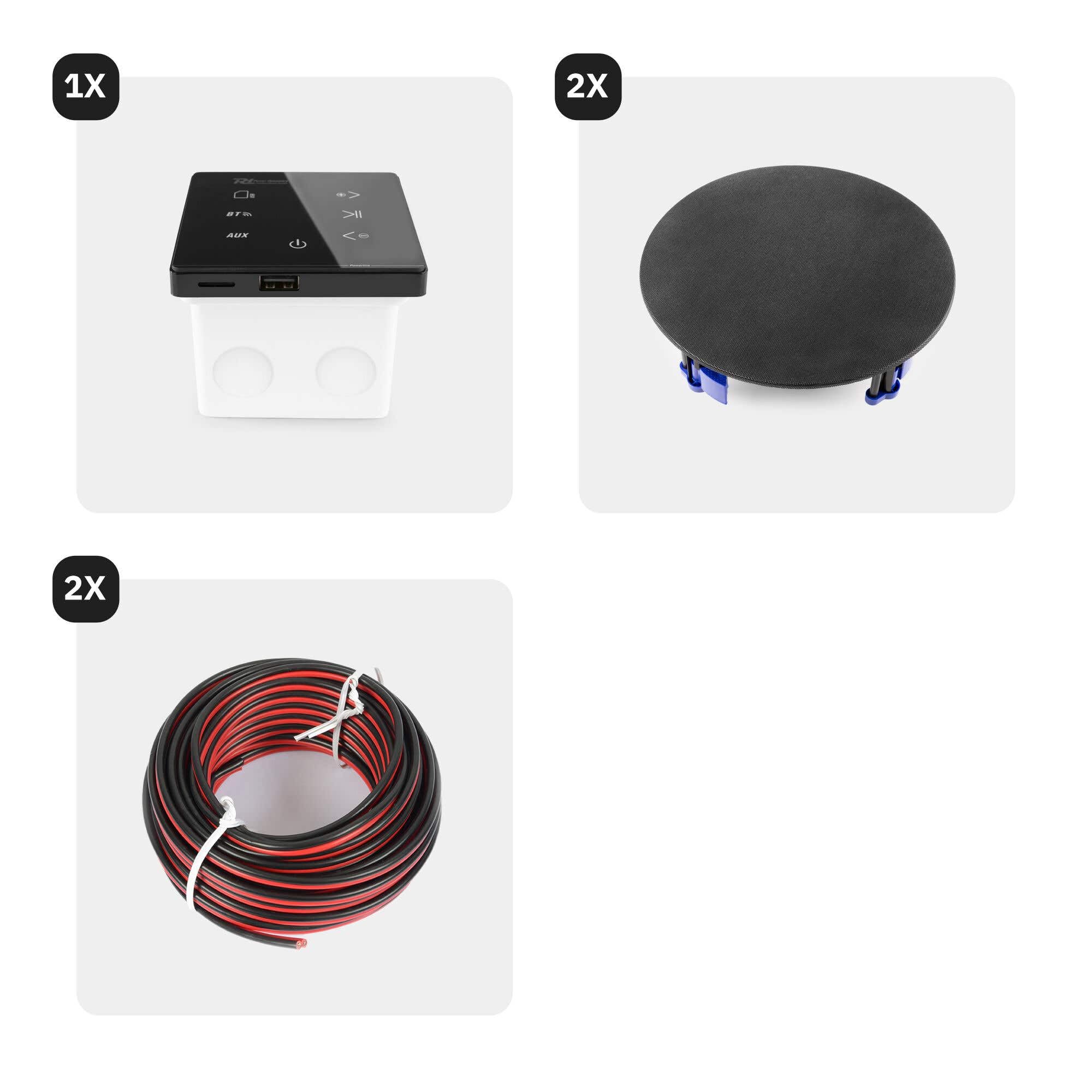 Power Dynamics Powerline A50B Pack Amplificateur Mural avec 2 Enceintes Encastrables - 60 Watts, BT 5.0, USB et Micro SD, Écran Tactile, Télécommande, Idéal pour Sonorisation de la Maison