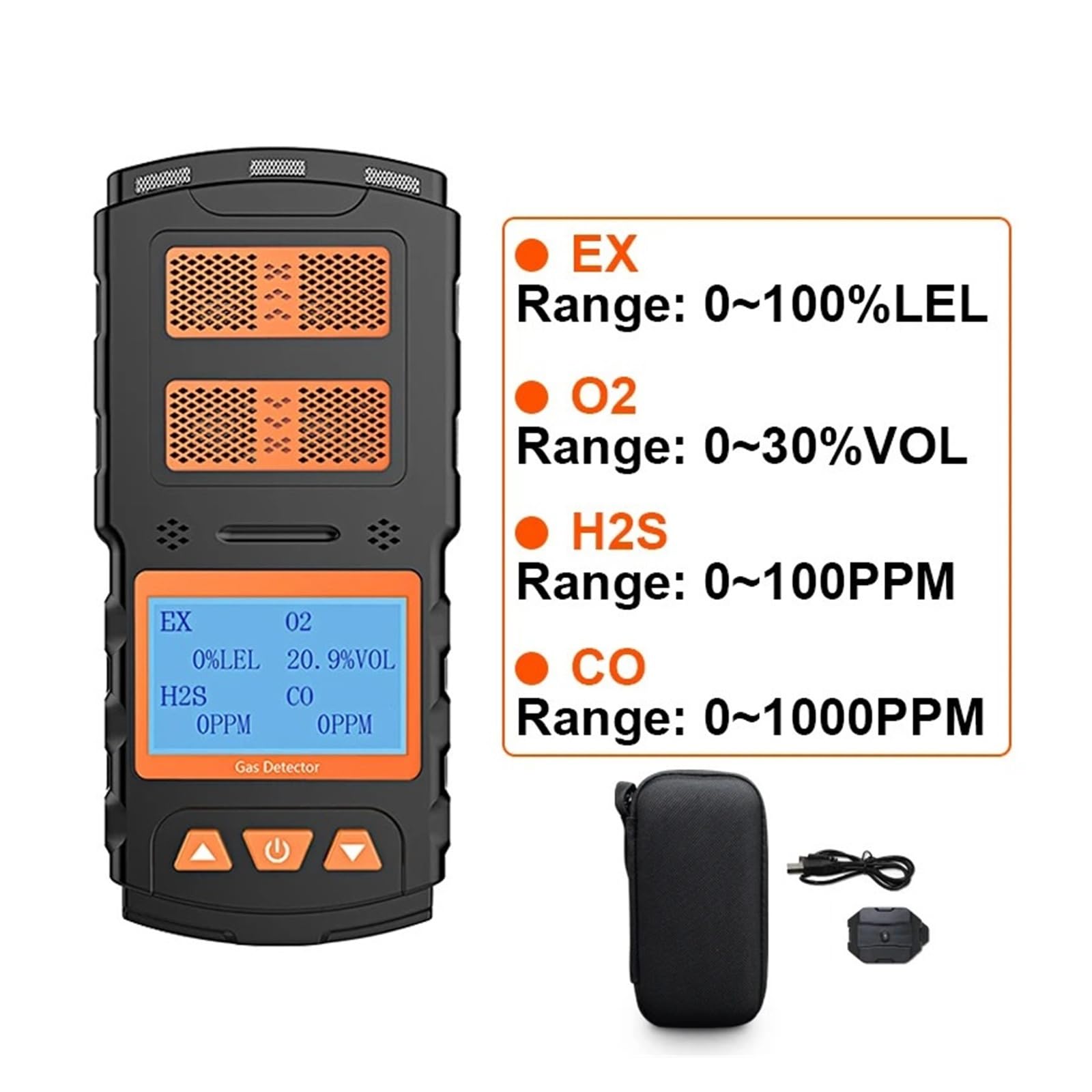 Rilevatore portatile multigas EX O2 H2S CO con display LCD, misuratore di gas con luce e suono ricaricabile for lavoro e casa Elevata stabilità e sensibilità(4 In 1)