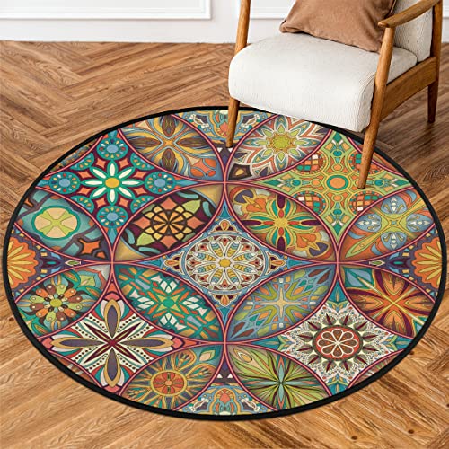 Area Rugs Washable Indoor Colorful Mandala Round Rug Non-Slip Circle Rug Modern Round Area Rug For Living Room, Bedroom, Dining Room (3' Diameter) #TOP13