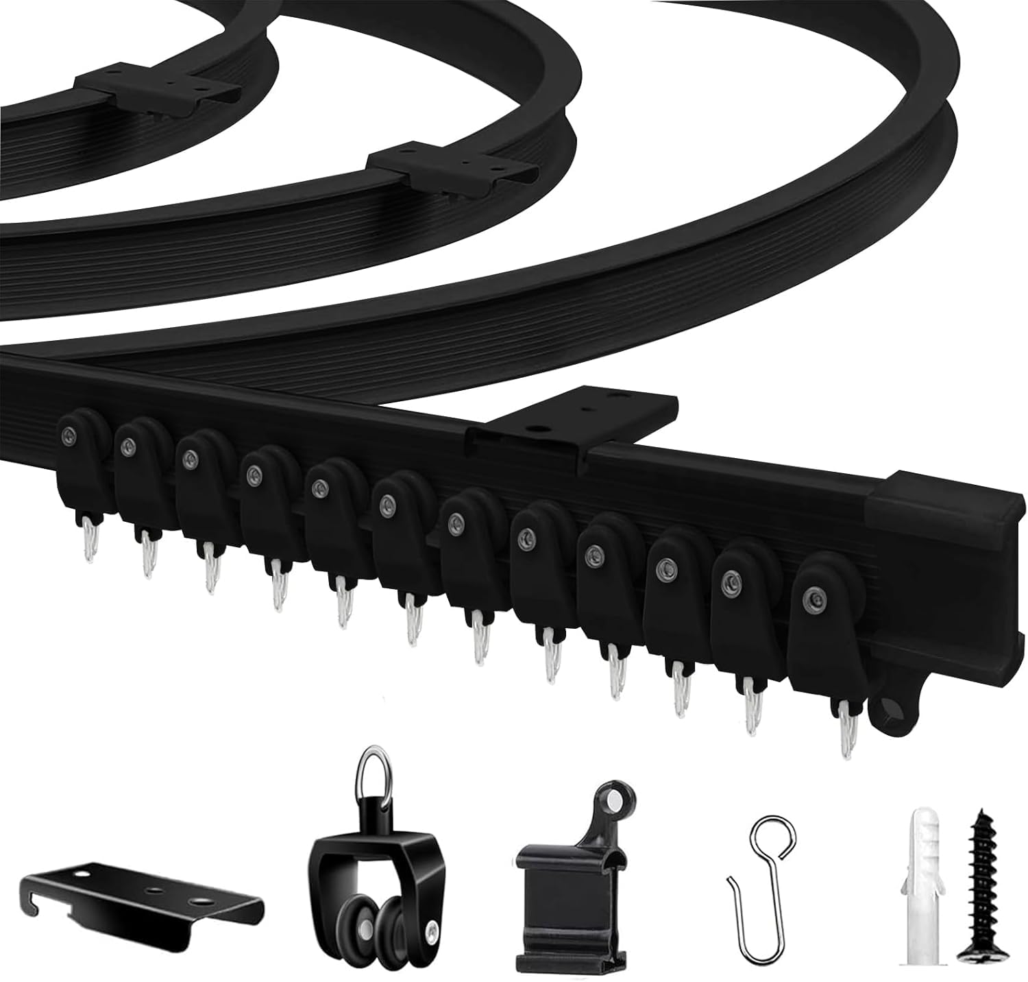 JIHXYER Flexible Bendable Ceiling Curtain Track, 22.9ft (7m) PVC, Metal, Plastic & Stainless Steel, Black, Ceiling Mounted