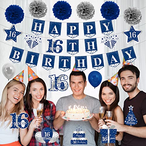 Kauayurk Blue Silver 16th Birthday Banner Decorations Kit for Boys, 26pcs Sixteen Birthday Banner Balloon Hanging Swirl Poms Party Supplies, 16 Years Old Birthday Sign Decor by Kauayurk - Used condition - Image 6