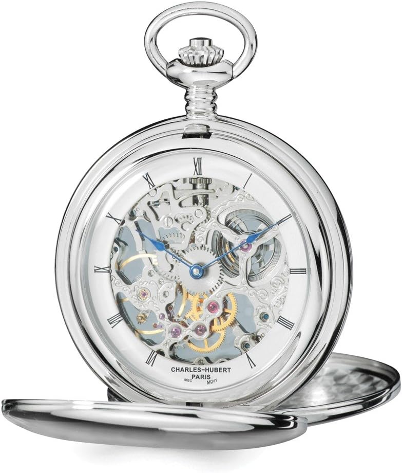 Charles Hubert Stainless Steel Men's Skeleton Dial Pocket Watch 14.5"