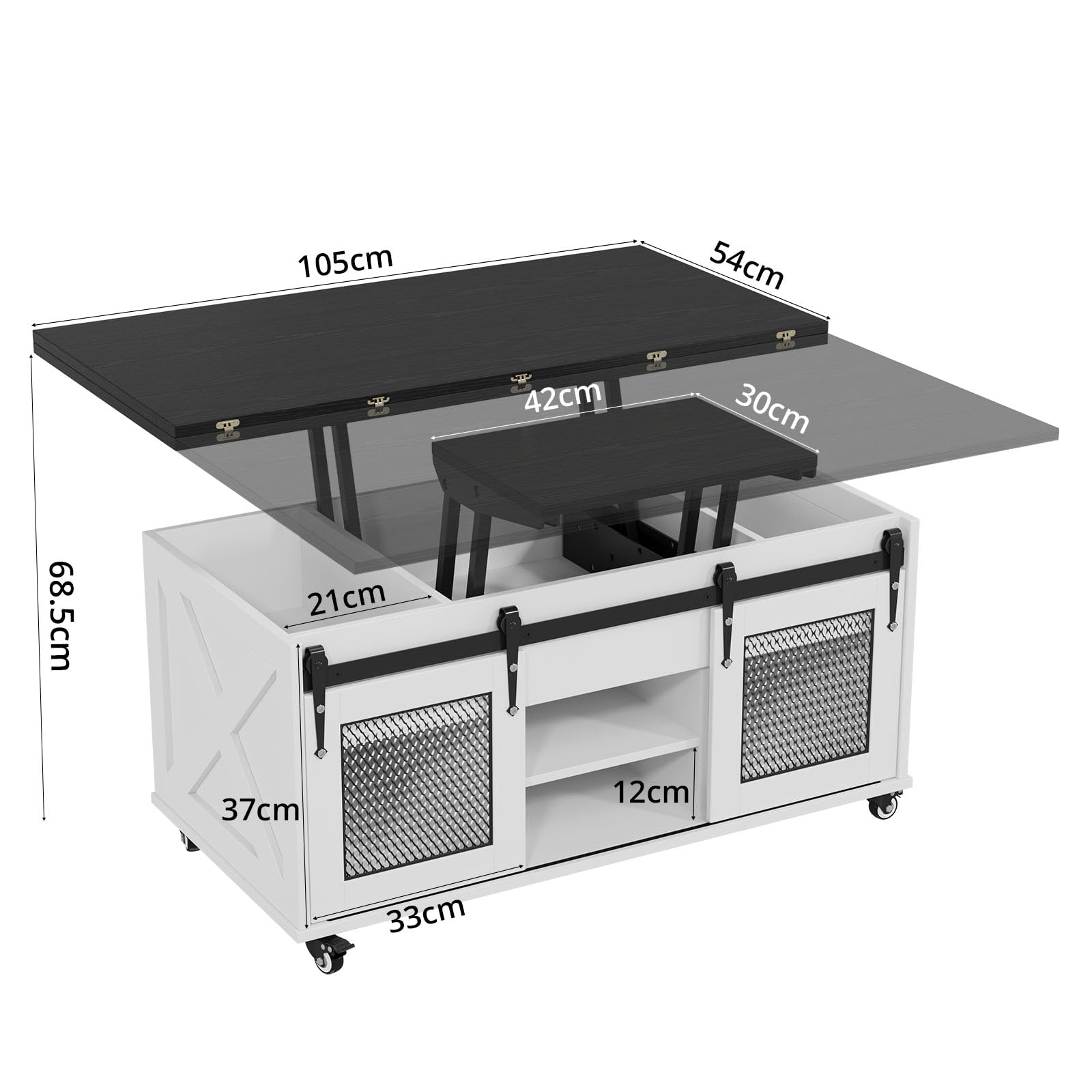 VOWNER Mesa de Centro Elevable, Mesa Extensible, Multifuncional 4 en 1 con Ruedas & Almacenamiento Oculto - Comedor, Convertible, Estilo Granja, Nogal (Negro)