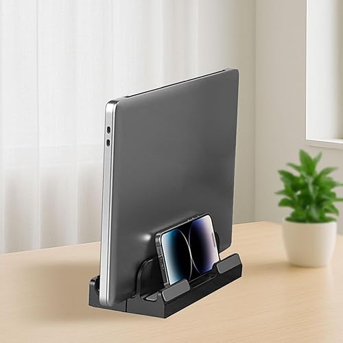 Soporte vertical ajustable para laptop, organizador de escritorio de plástico que ahorra espacio para cuadernos y tabletas, color negro