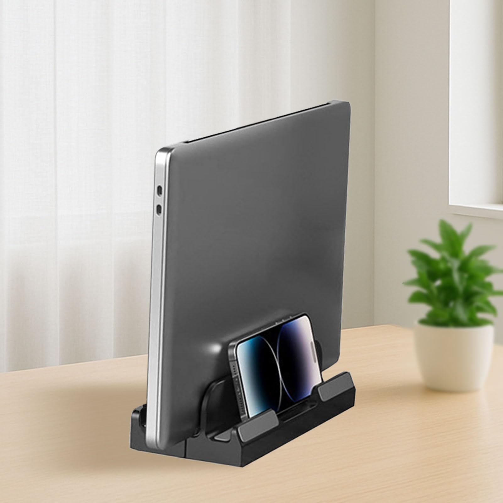 Soporte vertical ajustable para ordenador portátil – Organizador de escritorio de plástico poco voluminoso para ordenadores portátiles y tabletas, negro