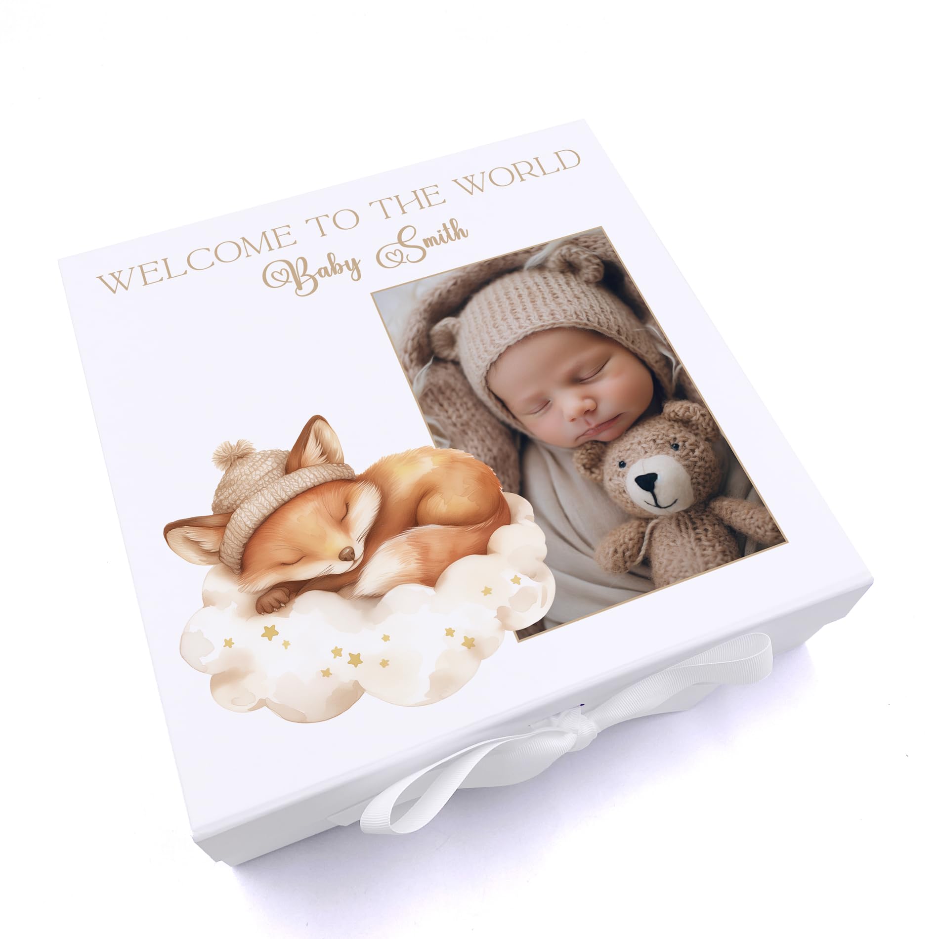 ukgiftstoreonline Personalised White Baby Memory Box, Cute Sleeping Animal Design, Keepsake For Special and Favourite Mementos (Fox)