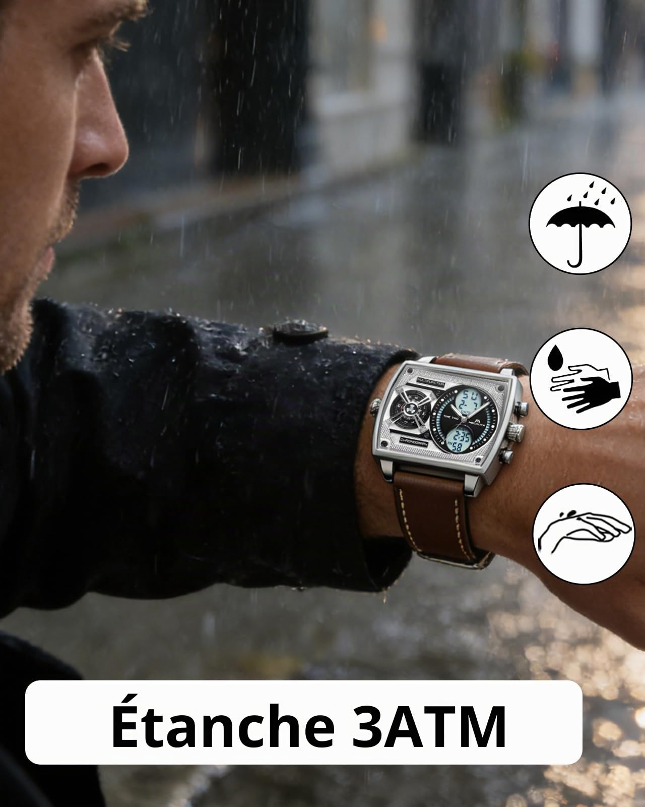 MEGALITH Montre Homme Grand Cadran Carré Design Zone Multi-temporelle Digitale Etanche Analogique Quartz Montre Bracelet Homme Mode