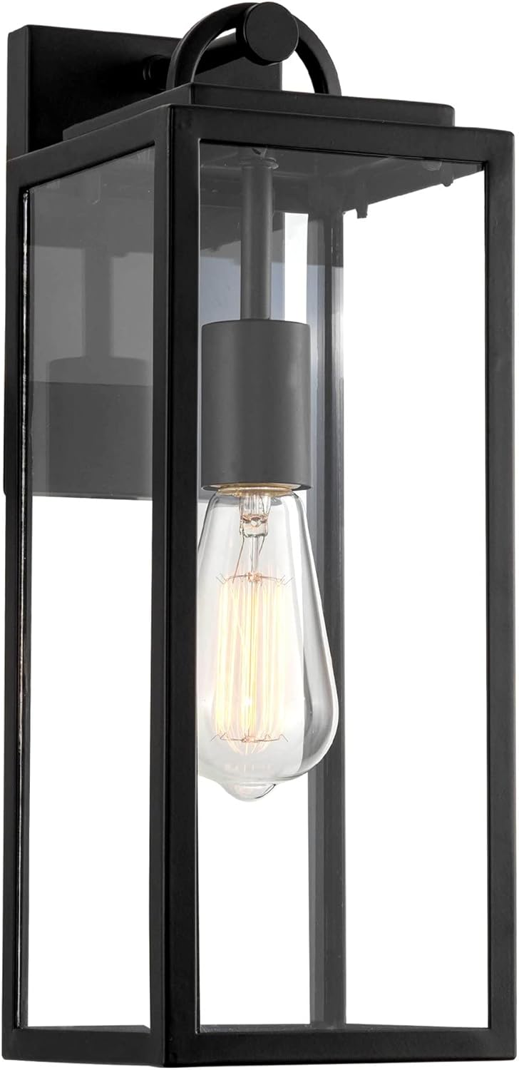 Kira Home Damon 16" Industrial Farmhouse Weather Resistant Outdoor Wall Sconce + Clear Glass Shade + Black Finish
