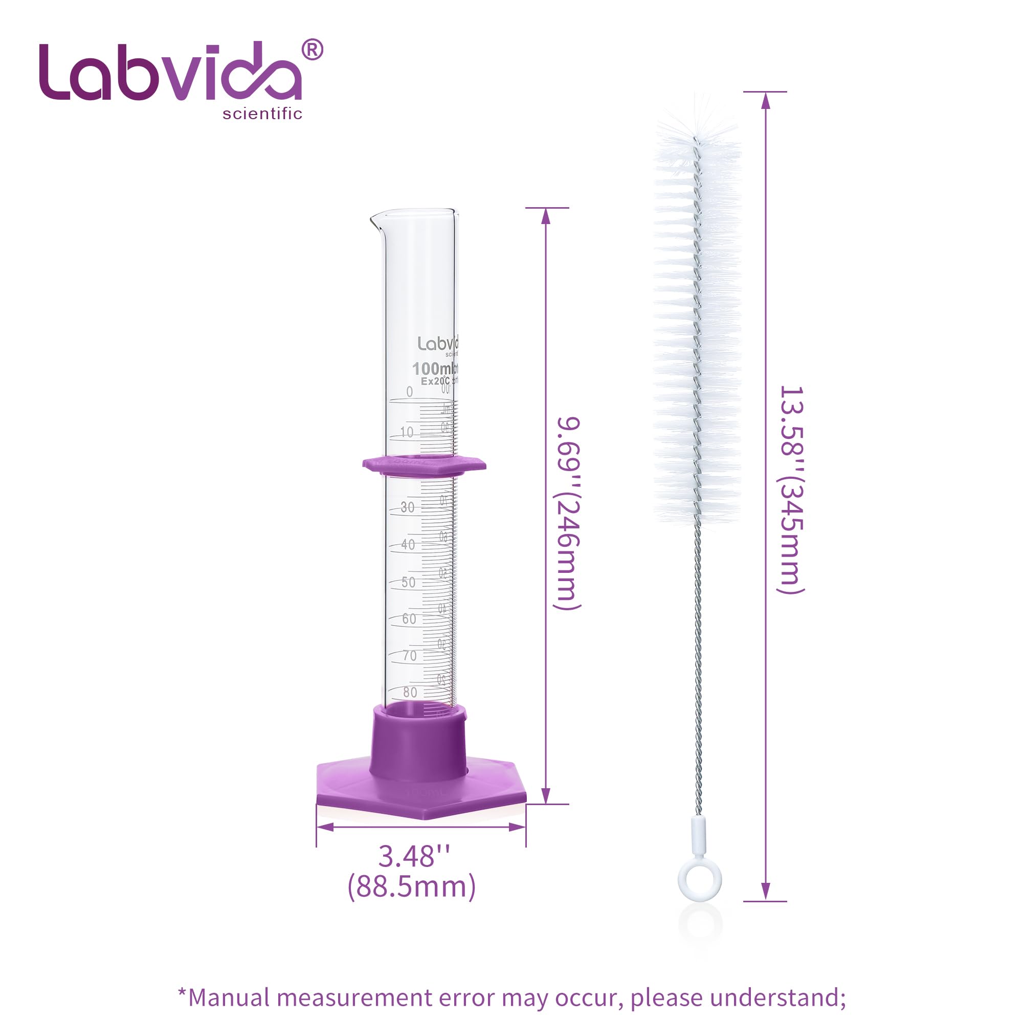 LVE004 - Set di cilindri graduati in vetro borosilicato da 100 ml, con base esagonale in plastica e spazzola, classe B (4 pezzi), LVE004